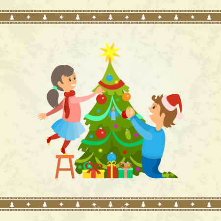 Christmas holiday pine tree decoration of family vector. Daughter and father holding garlands and baubles, star fir top. Man and girls with presentsのイラスト素材