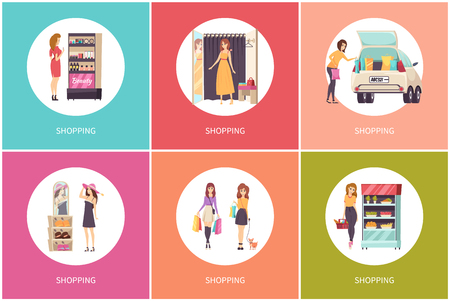 Shopping women in shops poster set with text vector. Trying on dress, shoes and jewelry items, hat and carrying bags. Purchasing of cosmetics and foodのイラスト素材