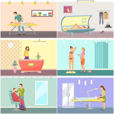 Spa and cosmetic center interior cartoon vector banner set. Beauty salon with solarium and massage room and modern comfortable equipment for clientsのイラスト素材