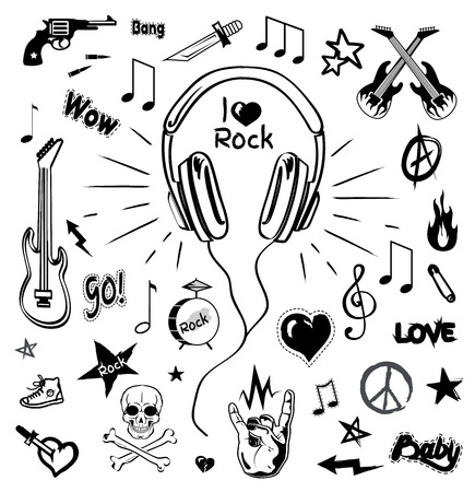 Headphones and electric guitar monochrome sketches icons vector. Audio and stereo sound, rock sign and skull with bones symbol. Revolver and starのイラスト素材