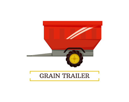 Grain trailer wheel and container isolated icon vector with text. Reservoir for transportation of farming crops and goods. Industrial device transitのイラスト素材