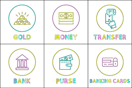 Set of finance, money and bank vector illustrations. Gold and purse, banking cards, and transfer icons website design, simple line in circle contourのイラスト素材