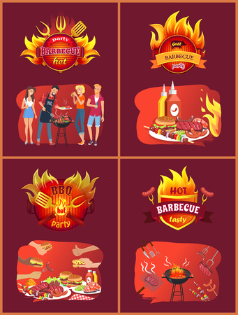 Party barbecue hot set of posters with people eating roasted food. Hamburgers and fried sausages, frankfurters on forks, brazier with meal vectorのイラスト素材