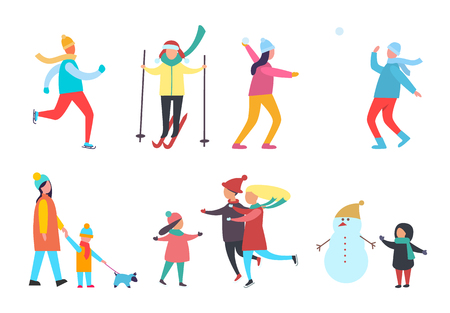 Winter activity people seasonal hobby isolated set vector. Skiing and skating, creating snowman, kids and children, family time together. Walking dogのイラスト素材