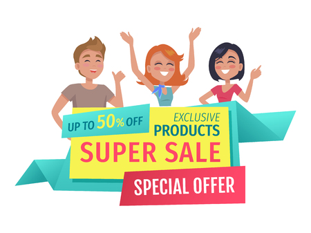 Super sale banner for shop sellout isolated . Flat vector exclusive products and special offer promotion phases and customers hands up and waving.のイラスト素材
