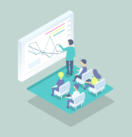 Person writing at chalkboard graphs for auditorium cartoon banner vector sample. Group of people sitting with laptops on armchairs, isolated classroomのイラスト素材