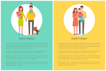 Happy family spend time together, couple and child on walk, vector posters. Mother, father, newborn kid, infant and dog and boy on dads hands vector with textのイラスト素材