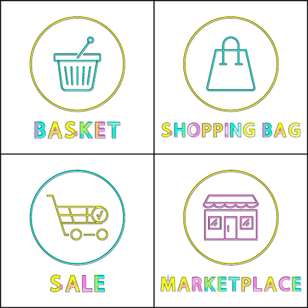 Shopping bag and basket, sale in marketplace cards isolated on white background set of vector illustrations, hand-barrow and shop icons in circlesのイラスト素材