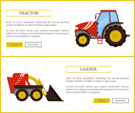 Loader bulldozer and tractor posters set vector. Excavator used in farming and agriculture, rural machinery and devices for transporting productsのイラスト素材
