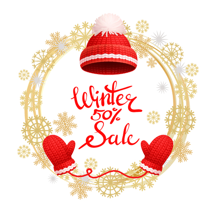 Winter 50 percent sale poster, warm red hat with white pom-pom and knitted glove in golden wreath made of snowflakes. Woolen mittens and headwear vectorのイラスト素材