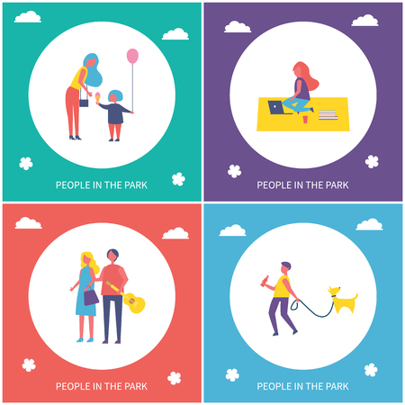 People in park have fun and rest isolated cartoon emblem vector banner set. Mother and daughter with ice cream and balloon, couple walking togetherのイラスト素材