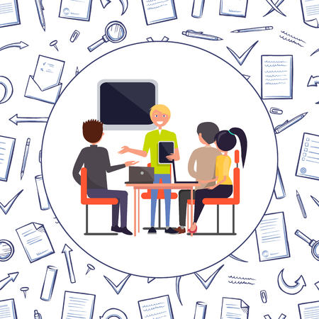 Business meeting problem solving seminar vector. People and presenter giving info to listeners. Seamless pattern of messages, envelopes and pagesのイラスト素材