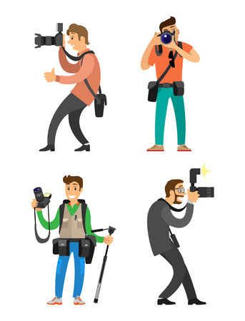 Photographers or paparazzi with cameras on tripod taking pictures. Photojournalists carrying equipment, device for photo shooting vector illustration.のイラスト素材