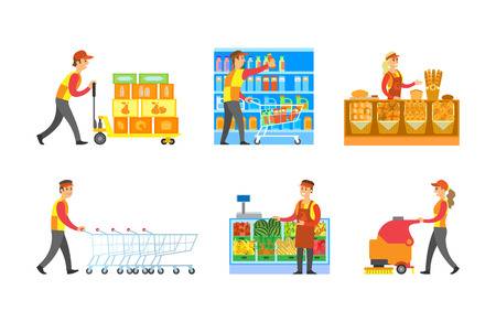 Supermarket store departments workers set vector. Man arranging bottles at shelves, shopping trolley. Cleaner and loader with goods. Bakery and fruitsのイラスト素材