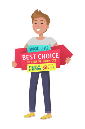 Special offer boy with vector banner in handsのイラスト素材