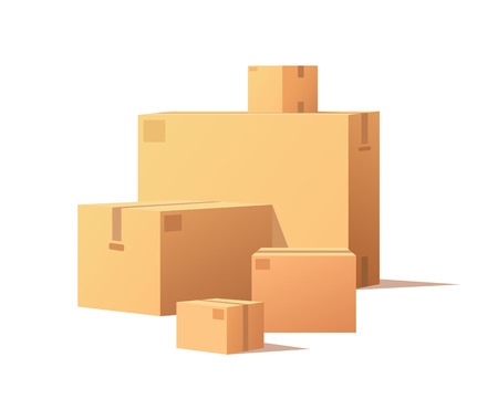 Cardboard boxes of big and small size isolated vector. Fragile packs, closed packages with adhesive tape, post office crates, stockpile storage stacksのイラスト素材