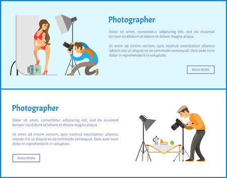 Studio and still life photographers web banners set. Model in swimsuit at backdrop, fruit near teapot composition for photo vector illustrations.のイラスト素材