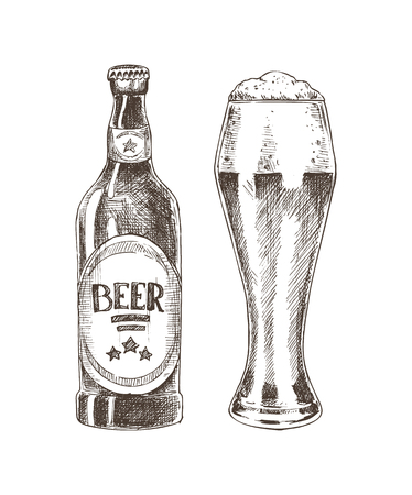 Beer graphic sketch isolated on white background, vector illustration of big goblet and closed glass bottle for alcohol drinks, concept of glasswareのイラスト素材