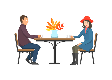 Cafe tables and couple relaxing outdoor, talking and drinking tea or coffee. Desk with vase and autumn leaves decoration. Man and woman sitting vectorのイラスト素材
