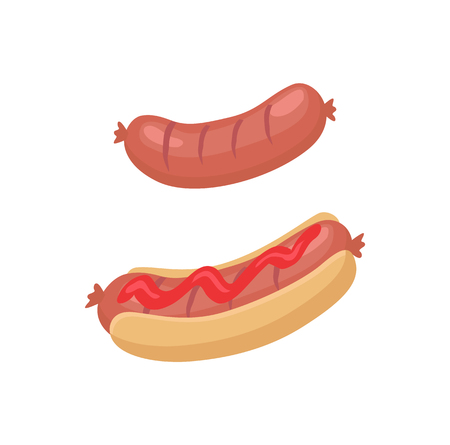 Sausage for barbecue and hot dog icons in cartoon style. One grilled banger and another between buns covered with sauce or ketchup, isolated emblemのイラスト素材