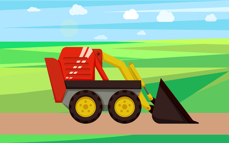 Loader agriculture and farming machine on field vector. Automobile for farm job, bulldozer industry machinery. Industrial equipments for farm workingのイラスト素材