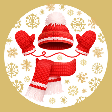 Warm 3 pieces set winter red knitted scarf, mittens and hat with pom-pom, vector. Thick woolen accessories, beanie and gloves on snowflakes backdropのイラスト素材