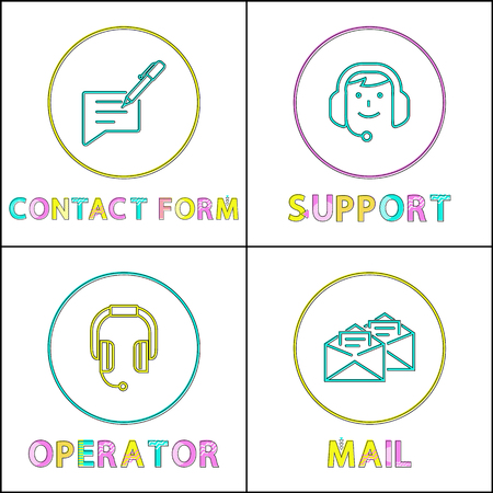 Contact info filling form posters set headlines. Support service of operators wearing headphones and microphones getting mails vector illustrationのイラスト素材