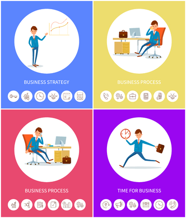 Business strategy and process, businessmen icons vector. Head of company discussing issues with partners. Working people, director manager in officeのイラスト素材