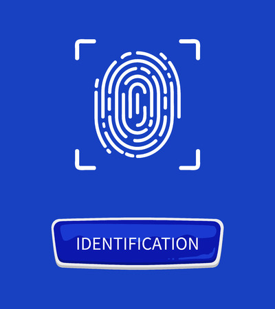 Identification fingerprints poster. Fingermark and thumbprint authorization of unique personal finger pattern of human with print in frame and buttonのイラスト素材
