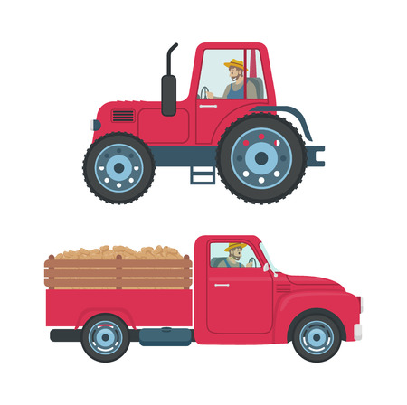 Tractor with trailer isolated icons vector. Transportation of products harvesting cargo. Car automobile with driver in cabin, farmer driving vehicleのイラスト素材