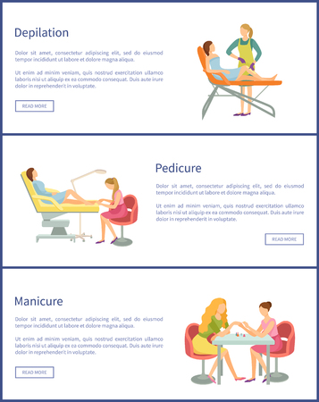 Pedicure and manicure procedures, posters set with text vector. Nail polishing of fingernails and toes, manicurist and pedicurist. Depilation with waxのイラスト素材