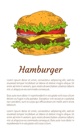 Hamburger poster fast food. Meal made of buns with sesame, salad leaves and ham meat. Tomatoes and onion vegetables with cheese vector illustrationのイラスト素材