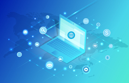 Social network laptop icons set vector. Computer for chatting throughout world, map and profiles of people. Money dollar, tools and messages signsのイラスト素材