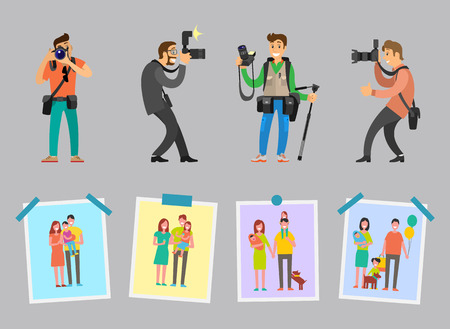 Family photographers and samples of studio works vector. Choose best photo maker from our team of professionals. Pictures of parents and children isolatedのイラスト素材