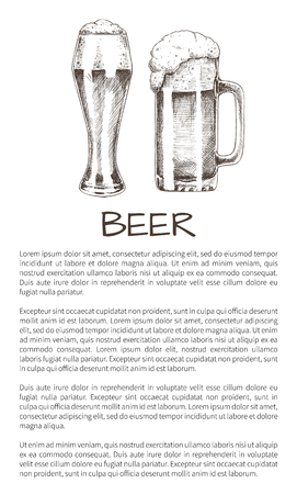 Beer and tasty ale with foam poured into various goblets poster with text. Vector illustration of graphic art, pair of glasses with refreshing drinkのイラスト素材