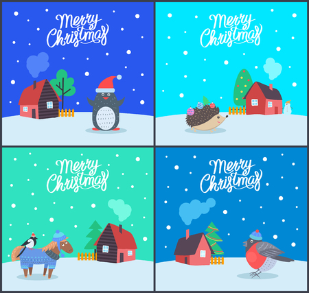 Merry Christmas greeting cards with text sample vector. Penguin wearing Santa Claus hat, hedgehog with needles and toys. Bullfinch standing on horseのイラスト素材
