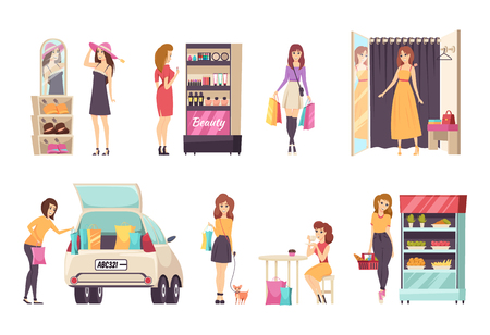 Females shopping at stores and purchasing clothes, dresses and hats. Cosmetics and food shop, car with paper bags, lady with toy dog walking vectorのイラスト素材