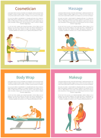 Cosmetician face procedure and massage by experienced masseur. Posters set with text sample, beauty industry, visage and body wrap service vectorのイラスト素材