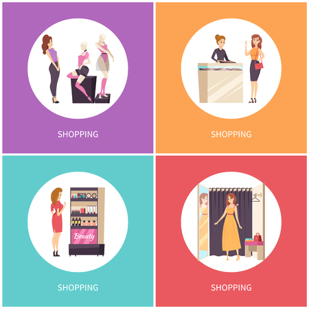 Shopping female with cosmetics stand set vector. Makeup products, jewelry department and consultant. Woman trying dress in changing room of shop storeのイラスト素材