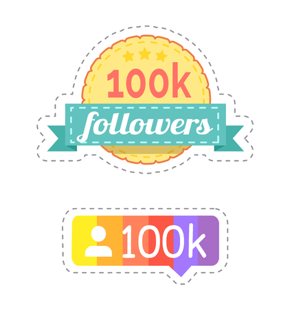 Follower and rainbow ribbon with profile of internet web user vector. Patches of rounded shape, chatting box form and icon. Social network buttonsのイラスト素材