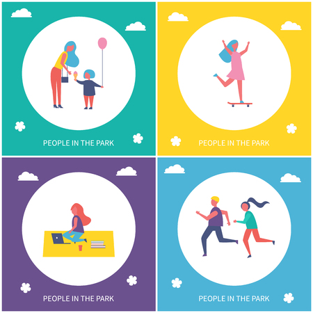 People having fun and resting in park isolated cartoon banner set vector sample. Mother and daughter with ice cream and balloon, girl sitting on rugのイラスト素材
