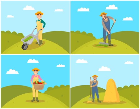 Farmer with trolley filled with compost for soil fertilizing. Women with wicker basket and veggies, tomatoes and carrots. Hay bale hayrick set vectorのイラスト素材