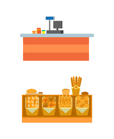 Supermarket empty seller counters and desks of cashier vector. Shelves with bread and pastry, bakery shop shelves with rolls and buns, long loaf and cakesのイラスト素材