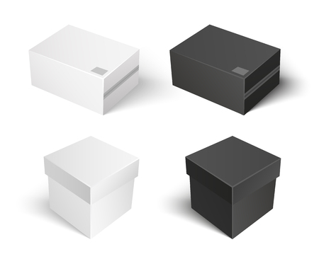 Carton package of square shape, boxes isolated icons set vector. Containers made of cardboard sealed with help of adhesive tape. Packaging and keepingのイラスト素材