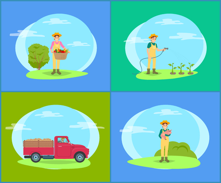 Car with trailer and harvesting woman with wicker basket and vegetables. Farming person with watering hose on plantation, lady holding piglet vectorのイラスト素材