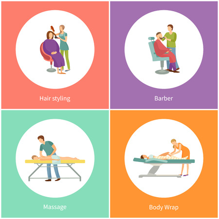 Hair styling style change at hairdressers place set vector. Massage by masseur wearing uniform, body wrap therapy wrapping for detox and slimmingのイラスト素材