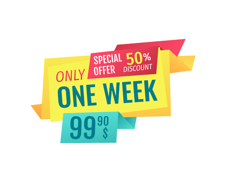 Only one week special offer. Discount reduction on wavy ribbons. Clearance and super deal for customers to save money promotion isolated on vectorのイラスト素材