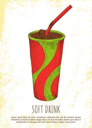 Soft drink in colorful cardboard cup vector card, illustration of cold liquid with ice, red flexible straw for beverage drinking, tasty brown sodaのイラスト素材