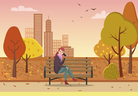 Autumn park and woman talking by phone on bench among trees with dry fall leaves. Skyscrapers at horizon, girl holding smartphone vector illustration.のイラスト素材