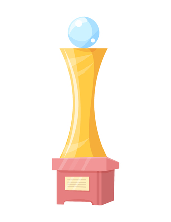 Award on pedestal vector icon isolated on white. Concave cylinder statuette with shiny ball on top and label on stand, rewarding in cartoon styleのイラスト素材